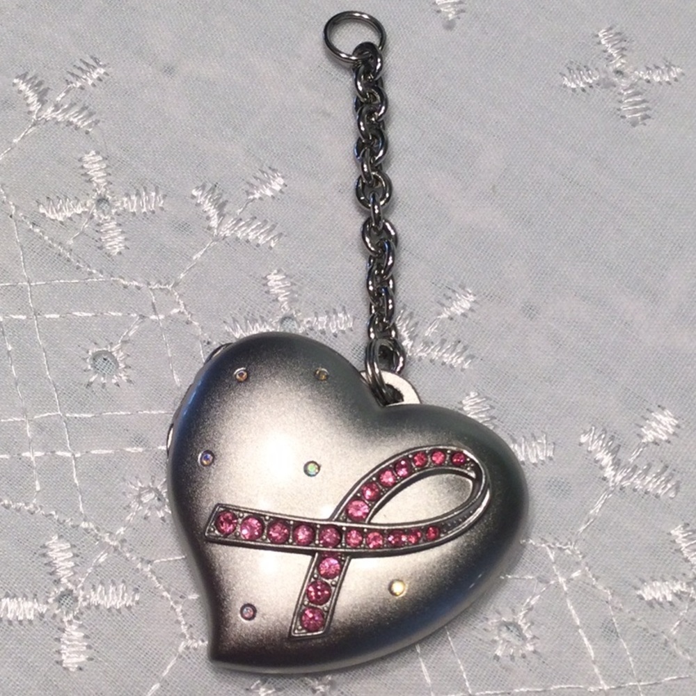 Heart Locket w/ Breast Cancer Ribbon In Rhinstones - Picture 2 of 4